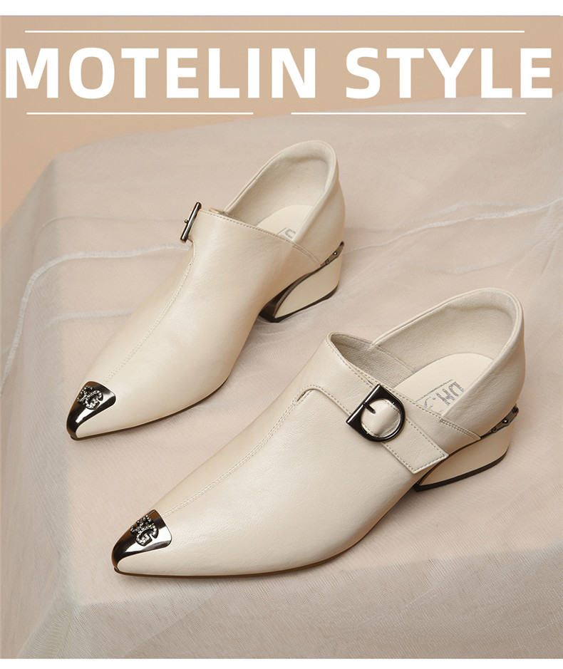 盾狐尖头低跟单鞋英伦风小皮鞋女春秋女鞋2020年秋季软皮中跟单鞋