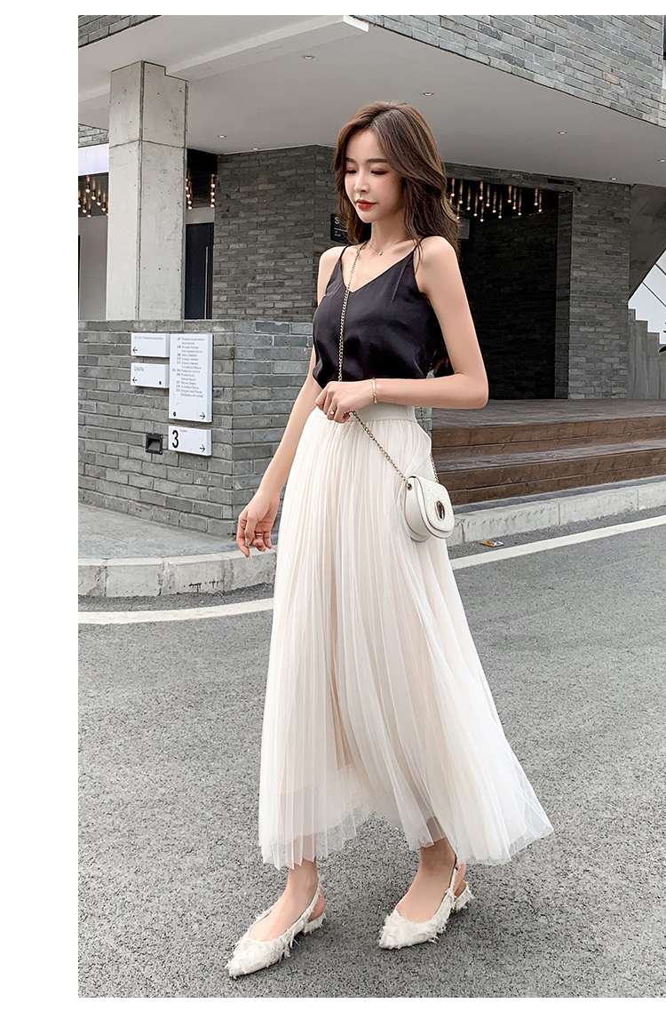 纱裙女春夏季2020中长款新显瘦超仙气质高腰垂感百褶网纱半身裙子 广