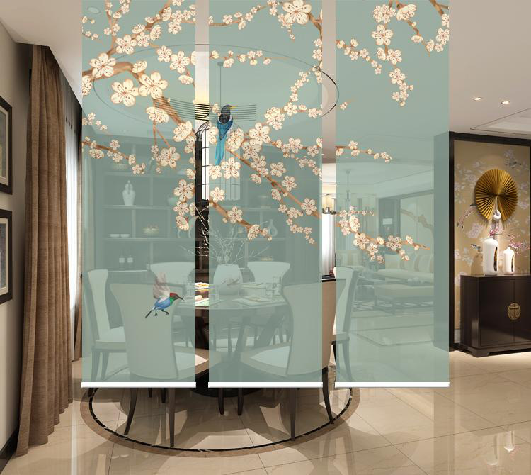中式屏风半透纱画现代新中式唯美花鸟屏风隔断国画风卧室阳台客厅厨房