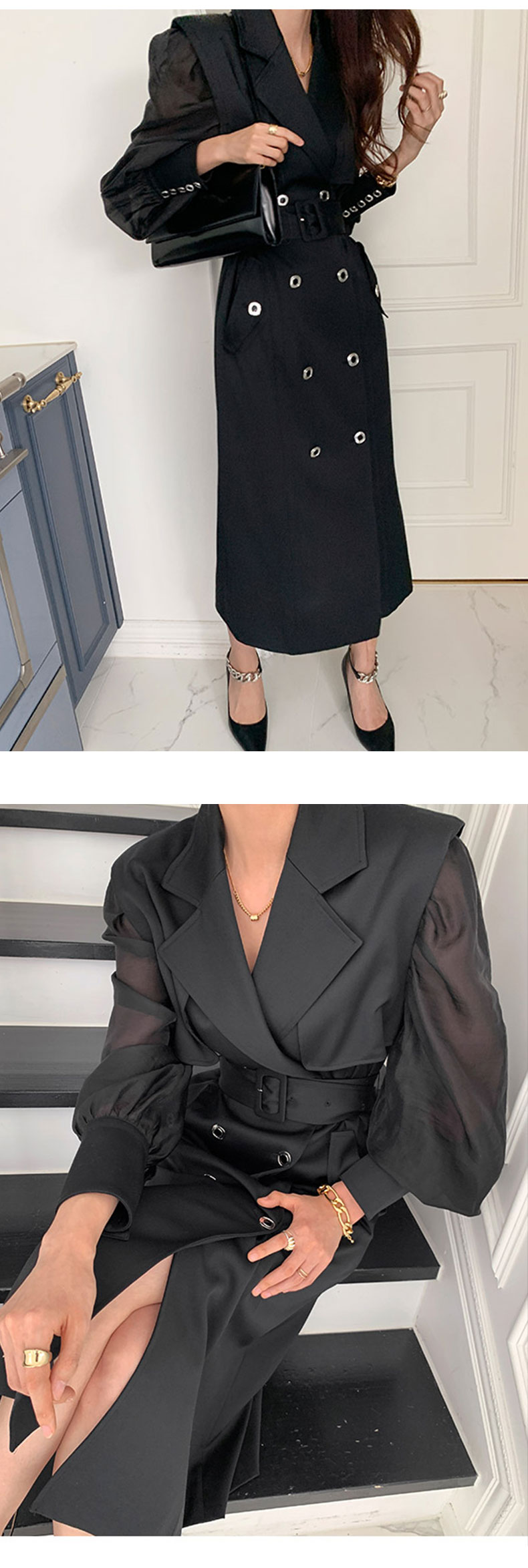 拉夏贝尔秋季复古拼接假两件双排扣西装连衣裙配腰带