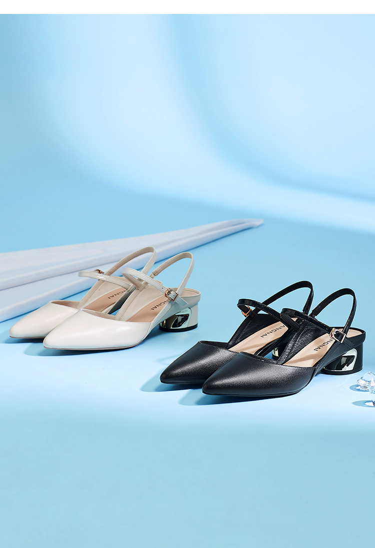 康奈女鞋20年夏季新款包头粗跟凉鞋尖头纯色气质优雅通勤女士凉鞋