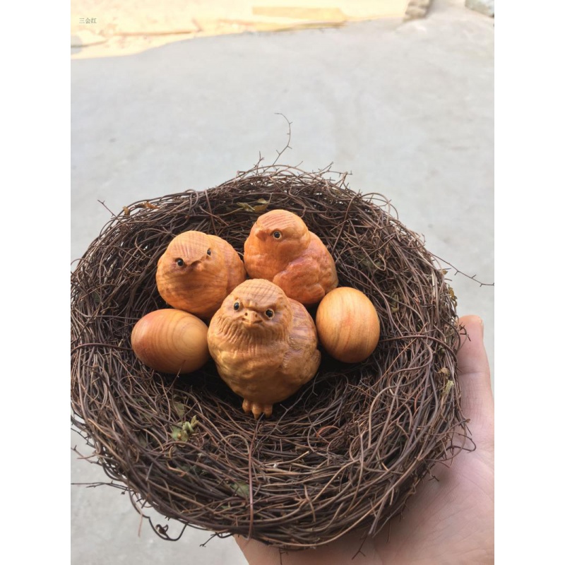 崖柏小鸡鸡蛋摆件手工刻木质工艺品创意儿童手把件带鸡窝