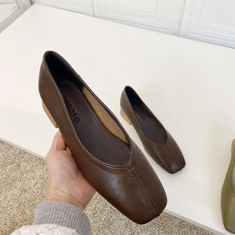 韩国方头奶奶鞋复古软皮浅口显瘦中跟ol通勤软底高跟鞋低帮奶奶鞋 语