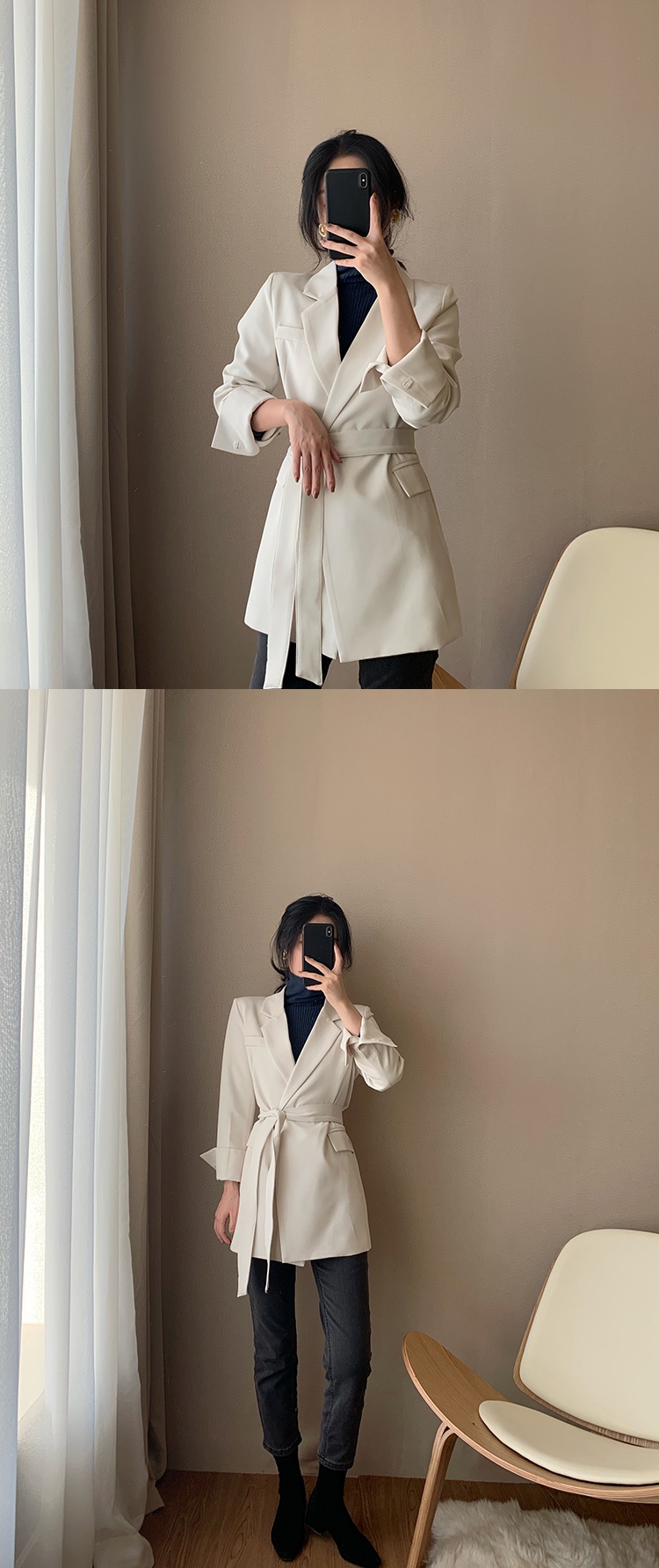 暖青汇女士西服 chic西装外套女韩版复古港风米色收腰显瘦系腰带小