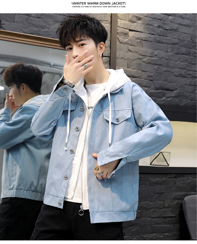 yuansu秋季外套男孩韩版潮流连帽夹克初中高中学生棉假两件宽松仔服