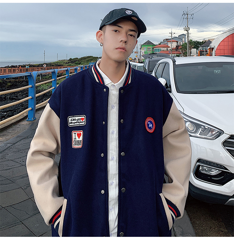 长街九月男士夹克 热卖厚毛呢料夹克男棒球衫加肥加大码潮胖子外套