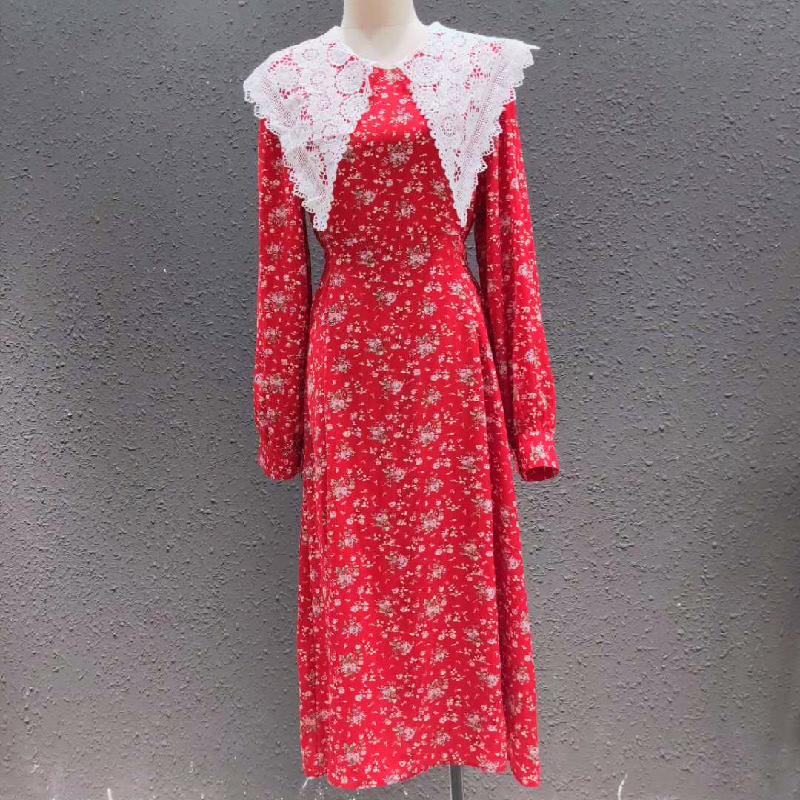 inpose连衣裙 6号 inpose线下同款大方领红色可爱碎花长袖连衣裙