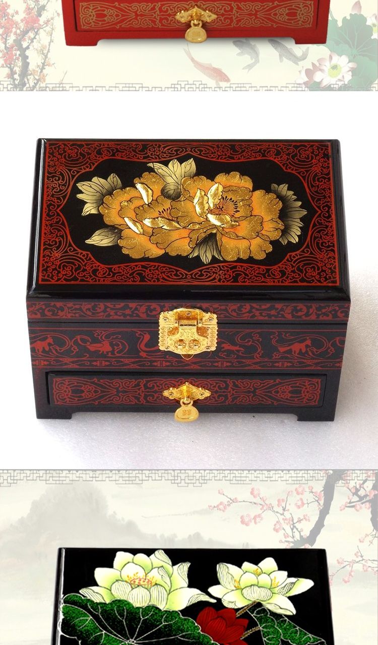 首饰珠宝箱复古平遥推光漆器首饰盒木质带锁梳妆盒结婚新娘实木穿之恋