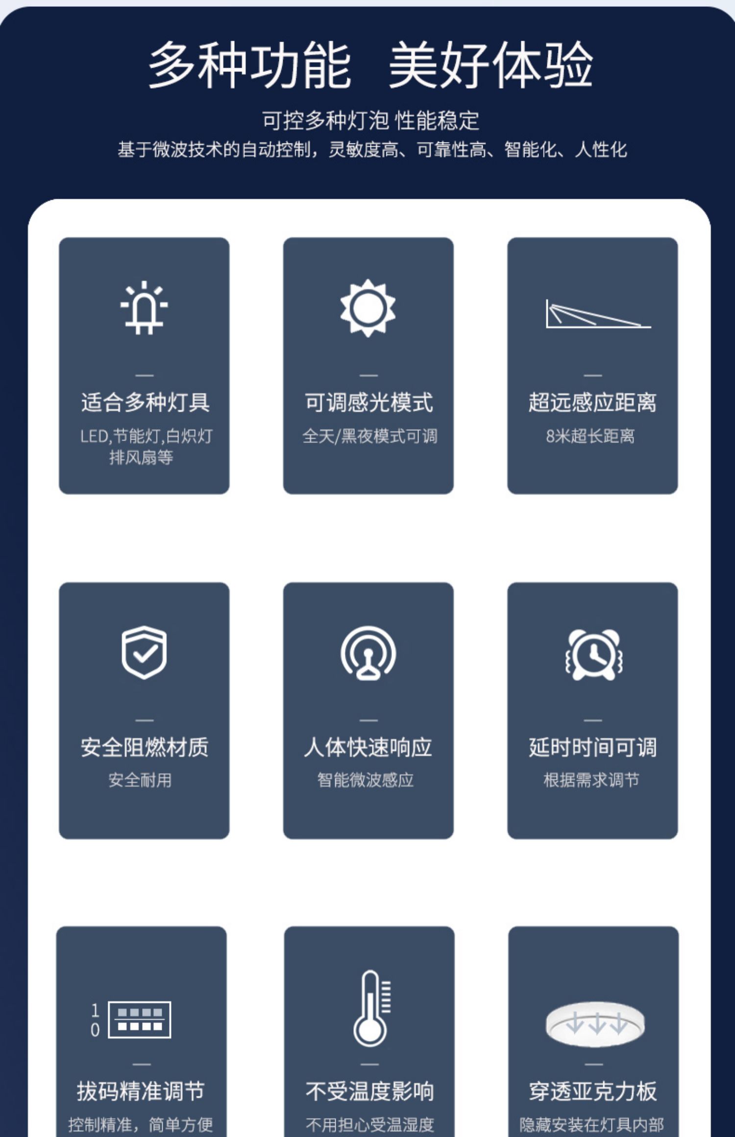 智能微波感应开关非红外线人体感应开关雷达感应开关220v 敬平