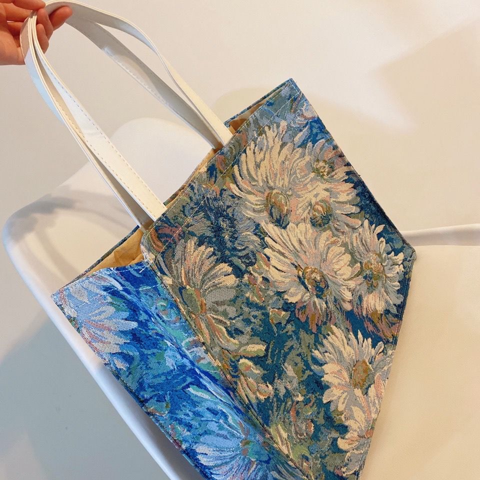 复古帆布油画包ins大容量单肩包包女学生上课上班通勤托特包莫奈花园