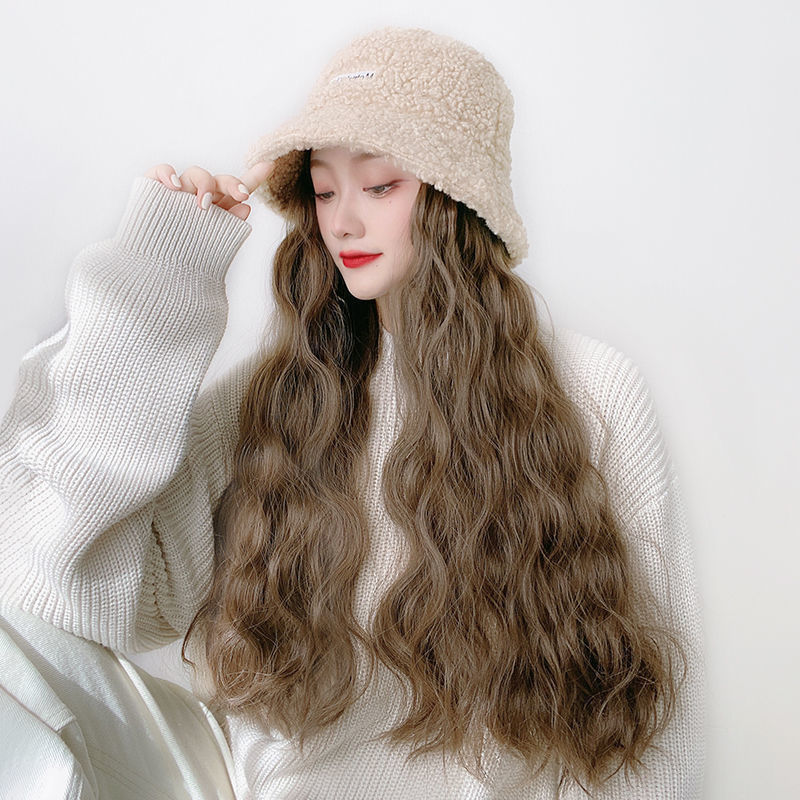 可拆卸秋冬季百搭待头发假发帽子潮流时尚卡其色羊羔毛的帽子不含假发