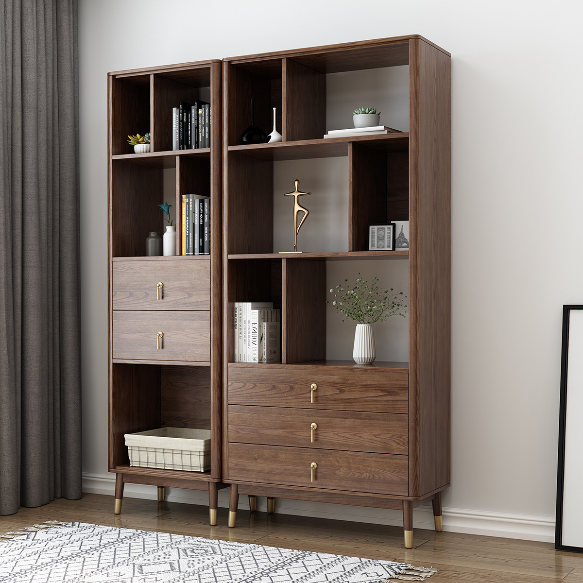 木格尚品北欧实木书柜落地新中式书柜多功能储物柜日式书柜带抽屉书橱