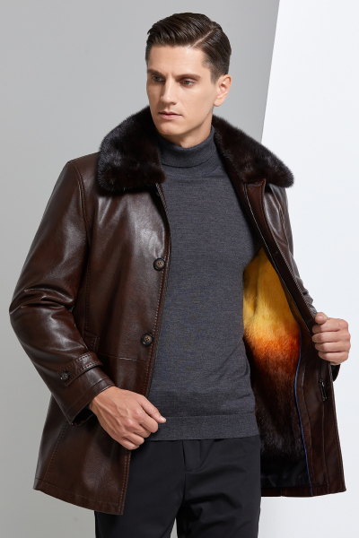 [送礼皮草可拆卸内胆]高端皮草春秋外套海宁真皮派克服男装春秋装中老年防寒男中长款狐狸大毛领貂绒内胆中年爸爸装尼克服大衣男