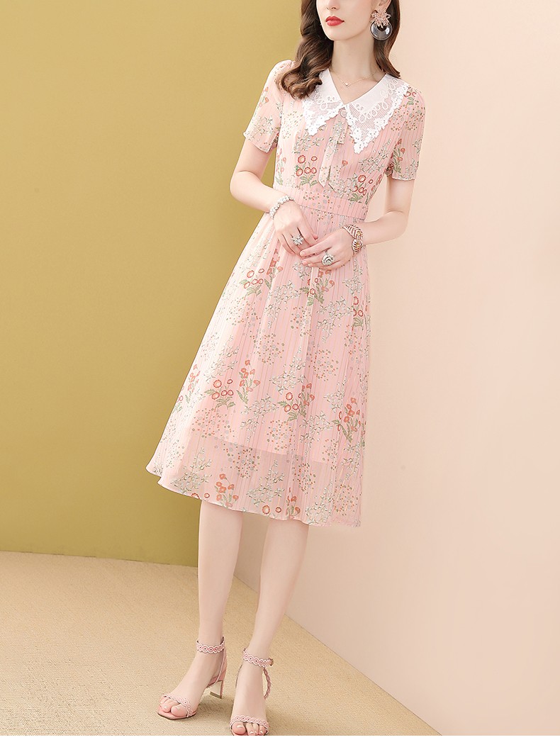 maycaur 雪纺连衣裙女21年夏季新品女装韩版气质显瘦短袖a字裙中长款