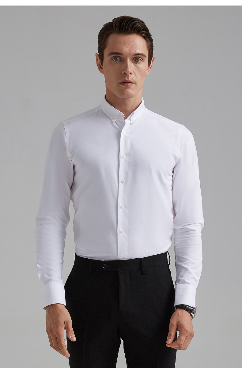 培罗蒙男商务长袖衬衫牛津纺纯棉寸衫修身纯白色正装抗皱百搭衬衣