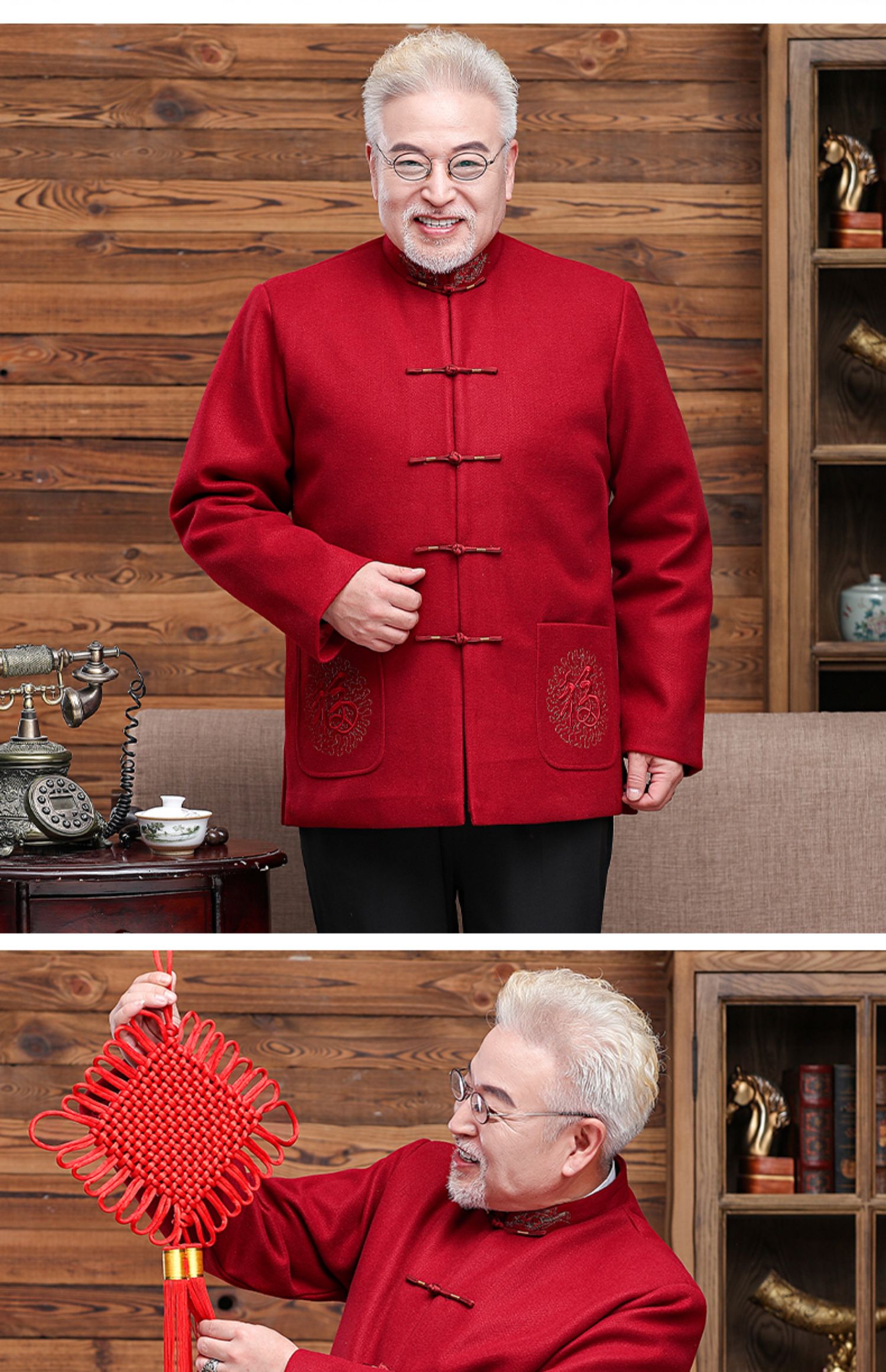 【奥敦曼(olderman)民族服装】 老人头2021秋冬季唐装男爸爸外套中