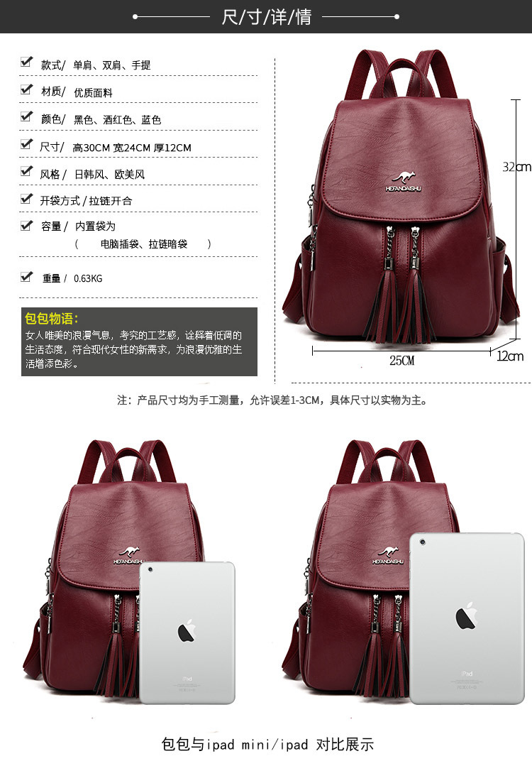 时尚双肩包女韩版学生书包大容量女包包流苏户外软皮背包【价格 图片
