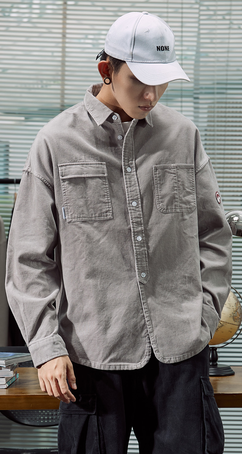 唐狮冬季灯芯绒衬衫男长袖青年港风宽松加厚保暖衬衣工装上衣外套