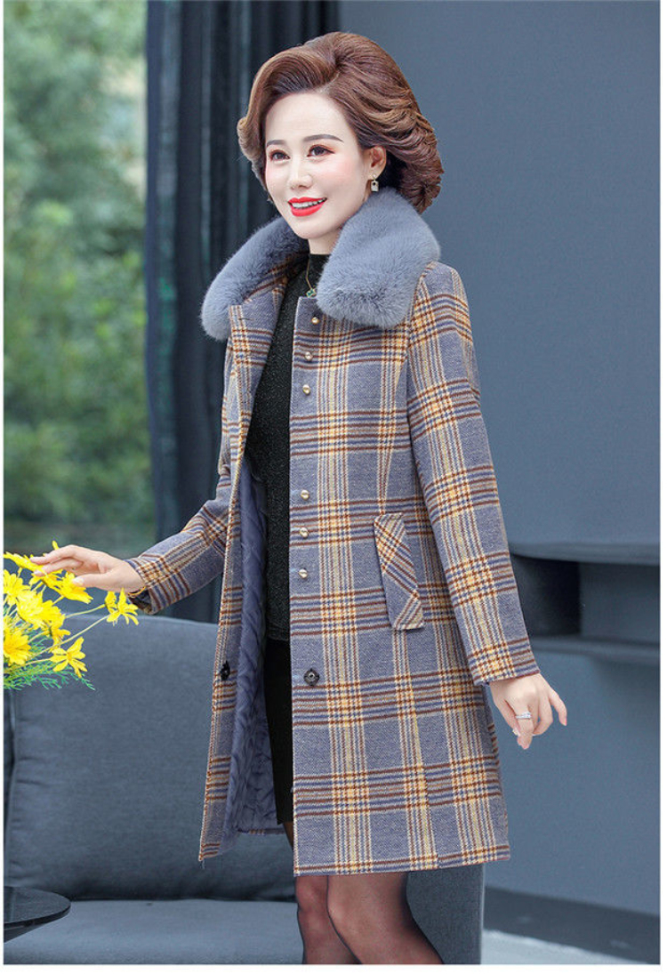 calfland妈妈装2021冬装新款时尚格子毛呢加厚中年女呢子大衣