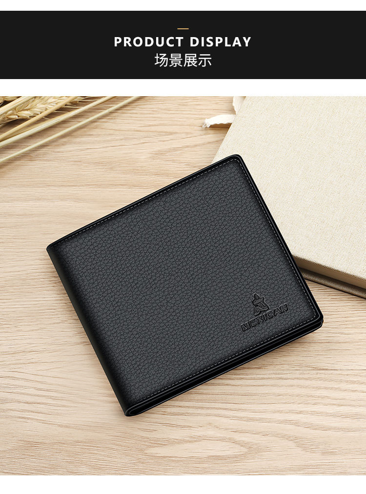 稻草人男士钱包真皮短款多功能薄款钱夹头层牛皮多卡位卡包皮夹子黑色