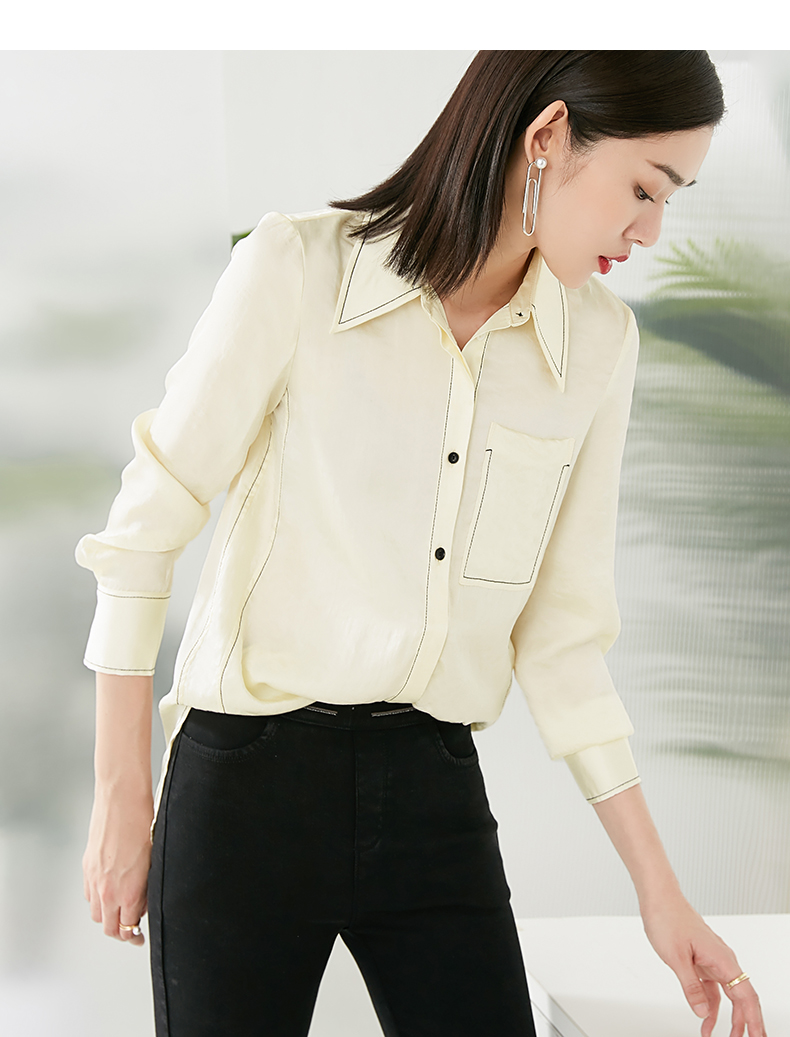 晚白2021春季新品简约纯色翻领长袖休闲百搭单排扣常规衬衫衬衣女