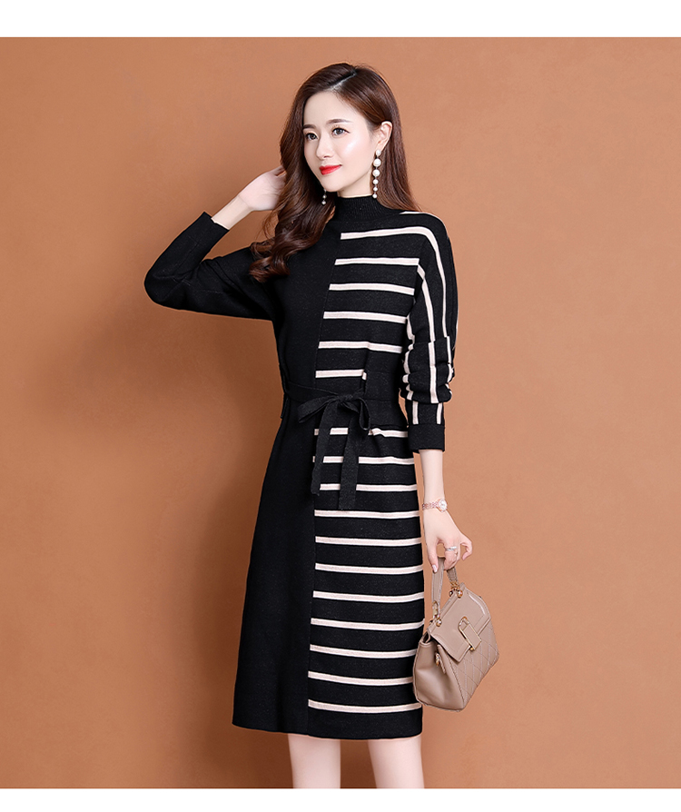 comeacross2020秋季新款时尚条纹气质毛衣连衣裙