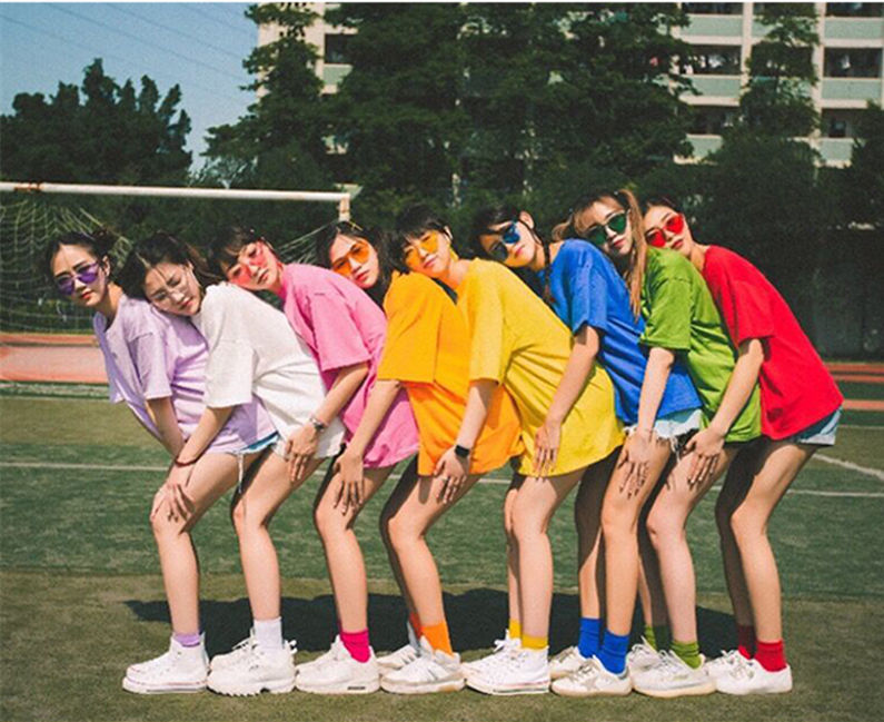多人闺蜜姐妹装糖果色t恤学生聚会班服宽松圆领彩色短袖团体恤女红色