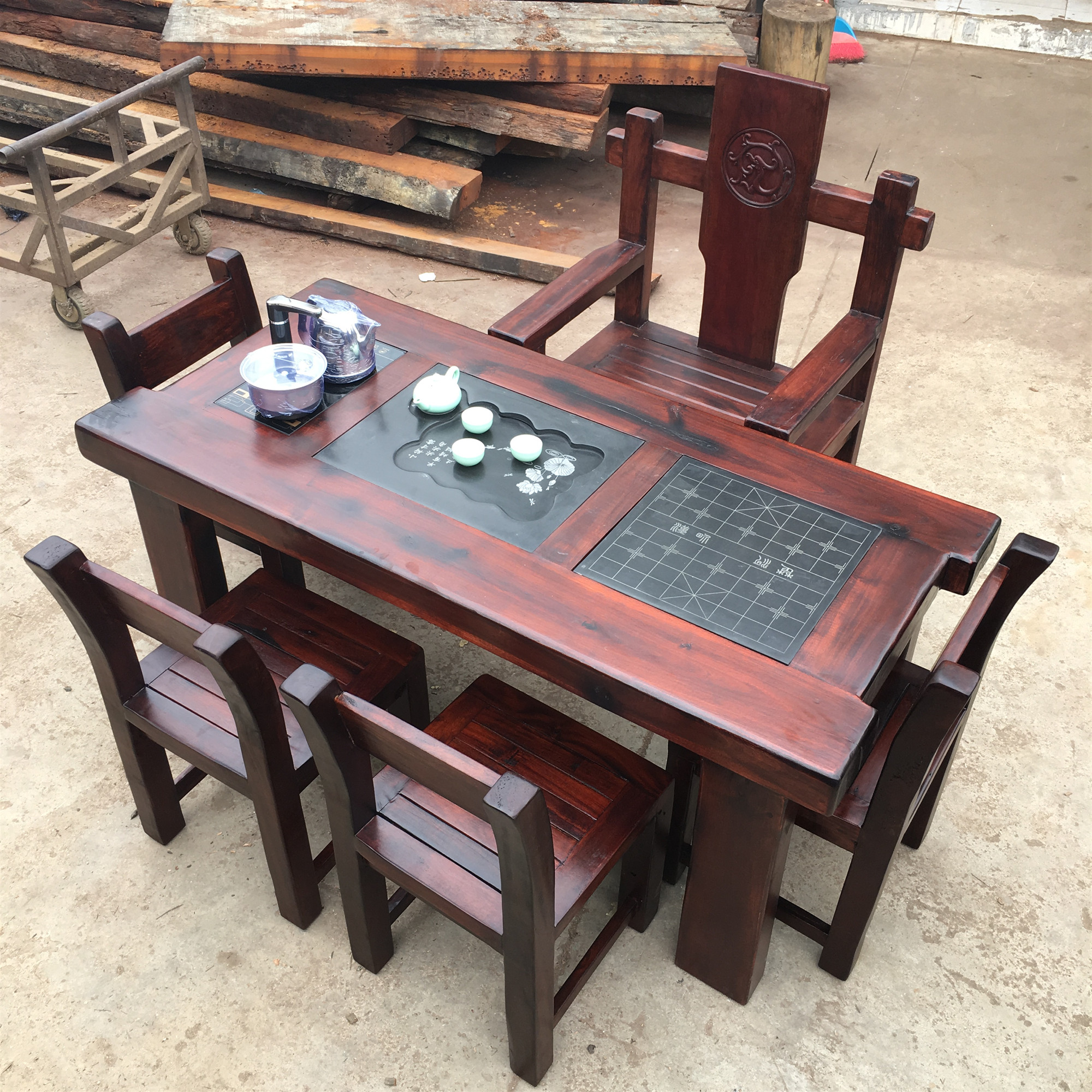 唐臻老船木茶桌椅组合全实木仿古茶台禅意新中式功夫阳台泡茶茶几茶具