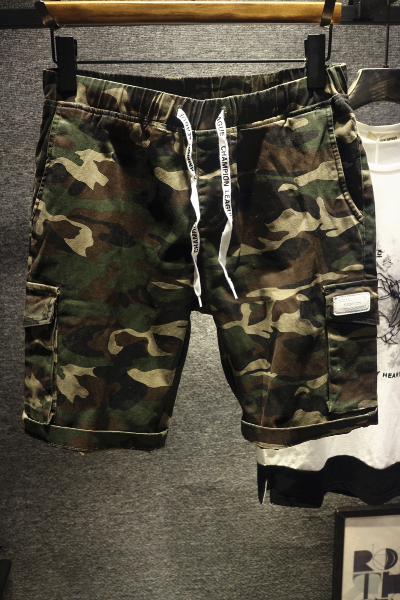 新款hi欧美虎纹迷彩裤工装军事风休闲短裤男中裤多口袋宽松大裤衩