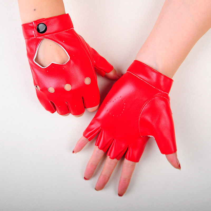 半指皮手套男女铆钉明星款街舞跳舞表演钢管舞镂空舞蹈手套桃心款红色