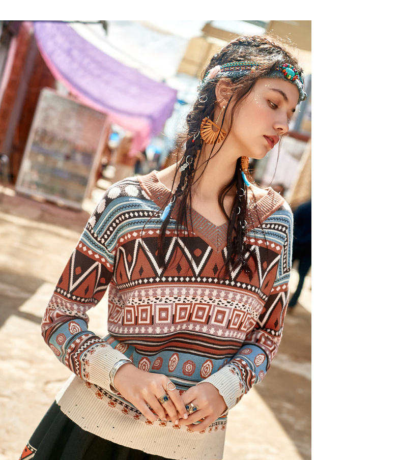裂帛2020冬季新款缤纷多彩波西米亚风提花v领落肩异域风毛衣女