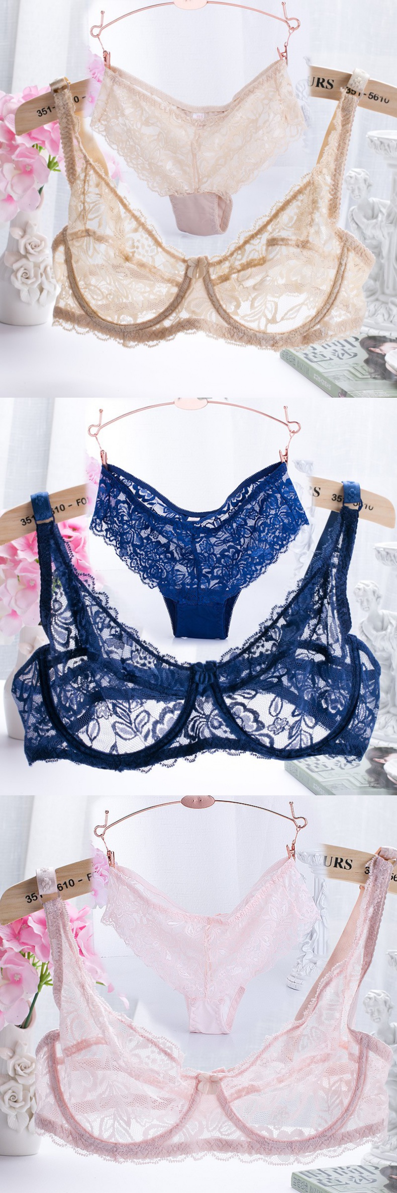 波迷娜bomina一套装全透明蕾丝镂空内衣女胸罩大码聚拢文胸