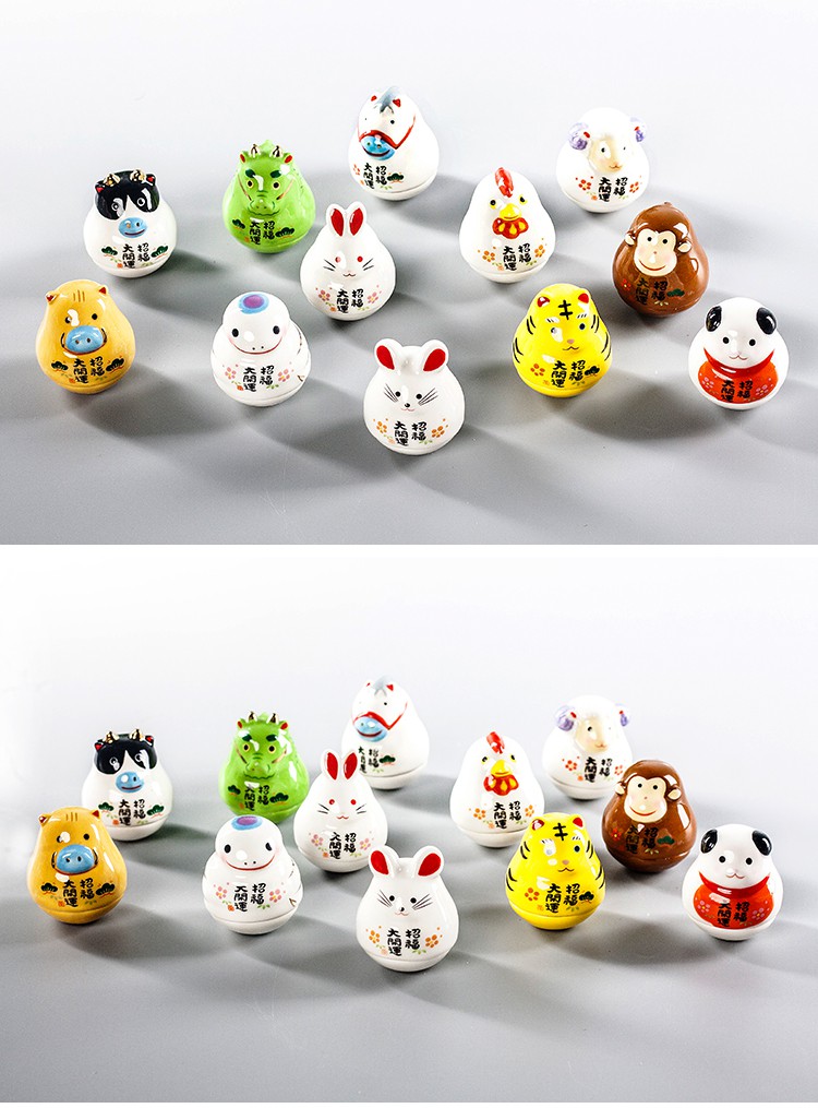 日本十二生肖迷你猫动物不倒翁陶瓷摆件生日礼品装饰品 三维工匠 黑色