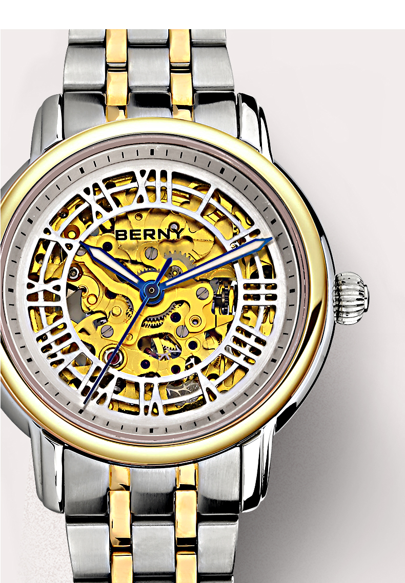 伯尼berny手表臻致系列自动机械表男防水镂空金属钢带情侣对表am064