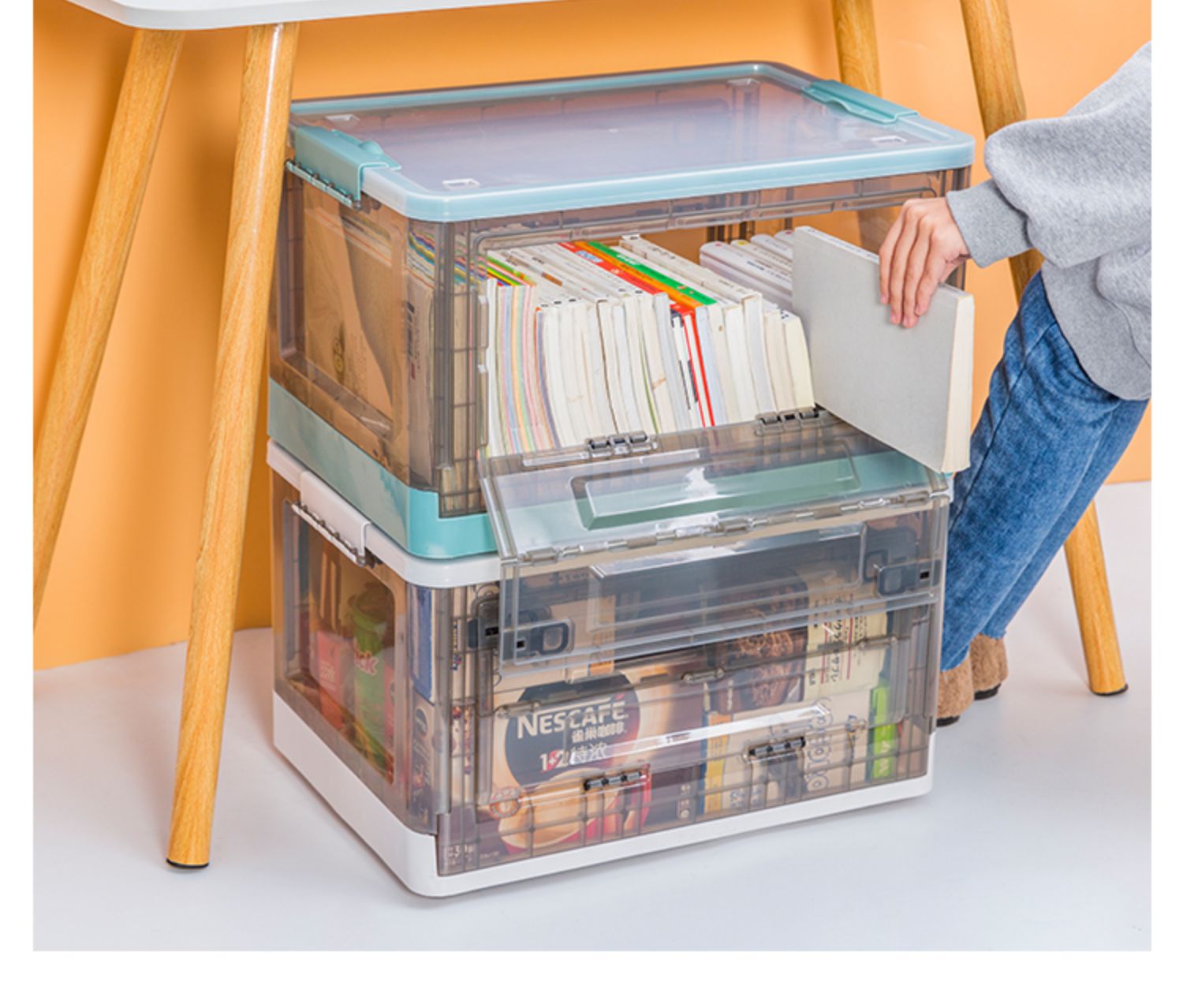 三维工匠折叠收纳箱家用塑料透明大号书箱学生书本储物盒书籍整理箱子