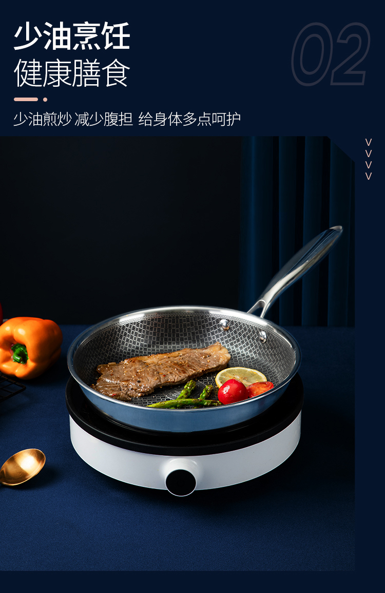 aemrcook阿米尔煎锅24cm 304不锈钢蜂窝晶纹煎锅 家用煎牛排锅煎饼锅