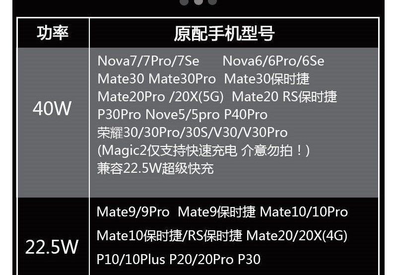 华为荣耀v30pro/s充电器mate30/20pro适用40w快充nova7提速数据线 40w