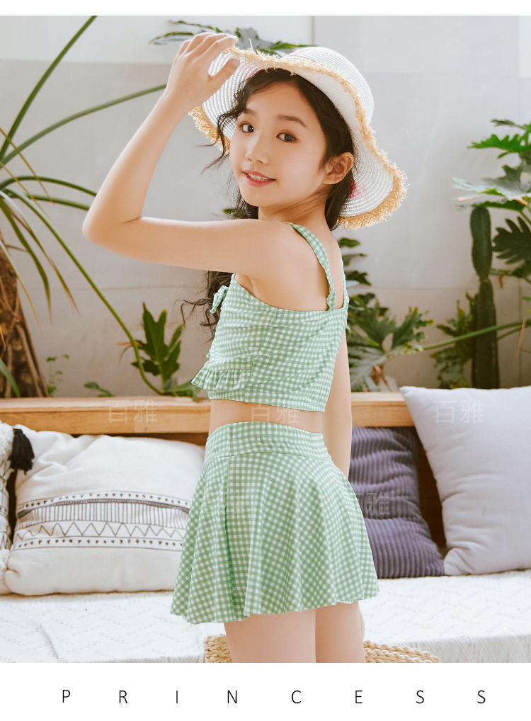 都趣儿童泳衣 女童游泳衣新款8-11岁小童可爱分体小清新格子儿童中童