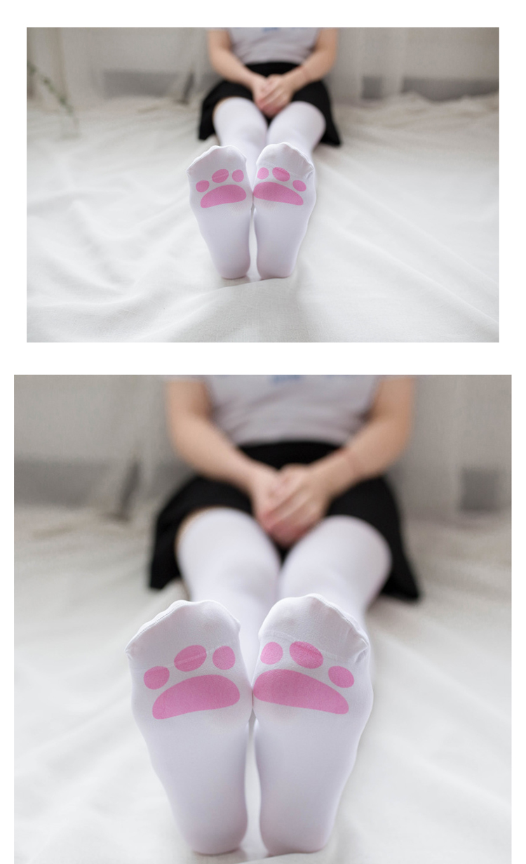 可莉允白丝过膝袜女日系可爱萝莉二次元长筒猫爪袜子脚印樱花丝袜连