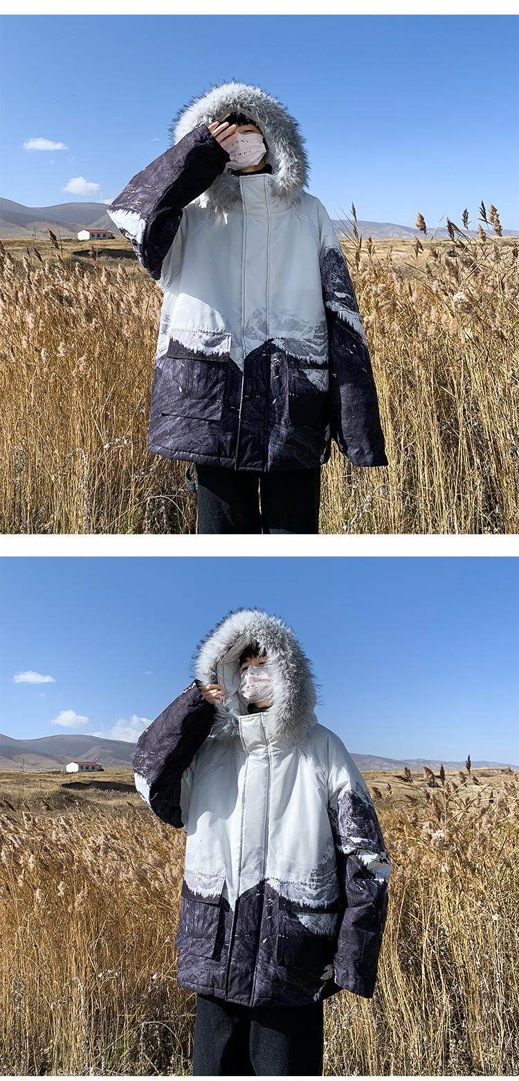baluoshang毛领雪山棉服男潮牌韩版潮流冬季加厚外套印花大码宽松棉衣