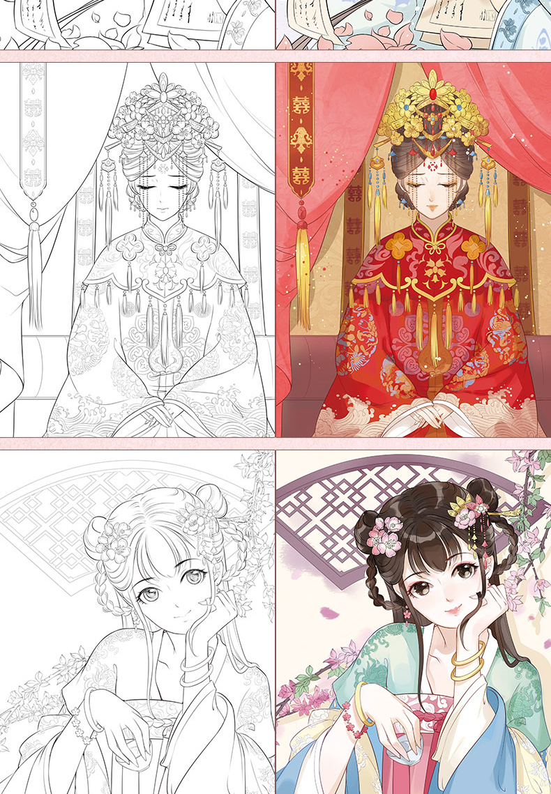 惠典正版正版红楼梦女儿情唯美古风涂色线描集手绘漫画填色书教程铅笔
