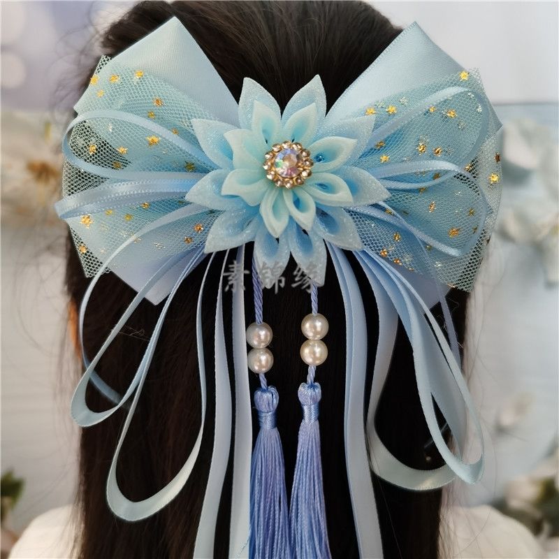 宝蓝小蝴蝶女童头花蝴蝶结长飘带发夹汉服配饰礼服后脑勺发饰复古节日