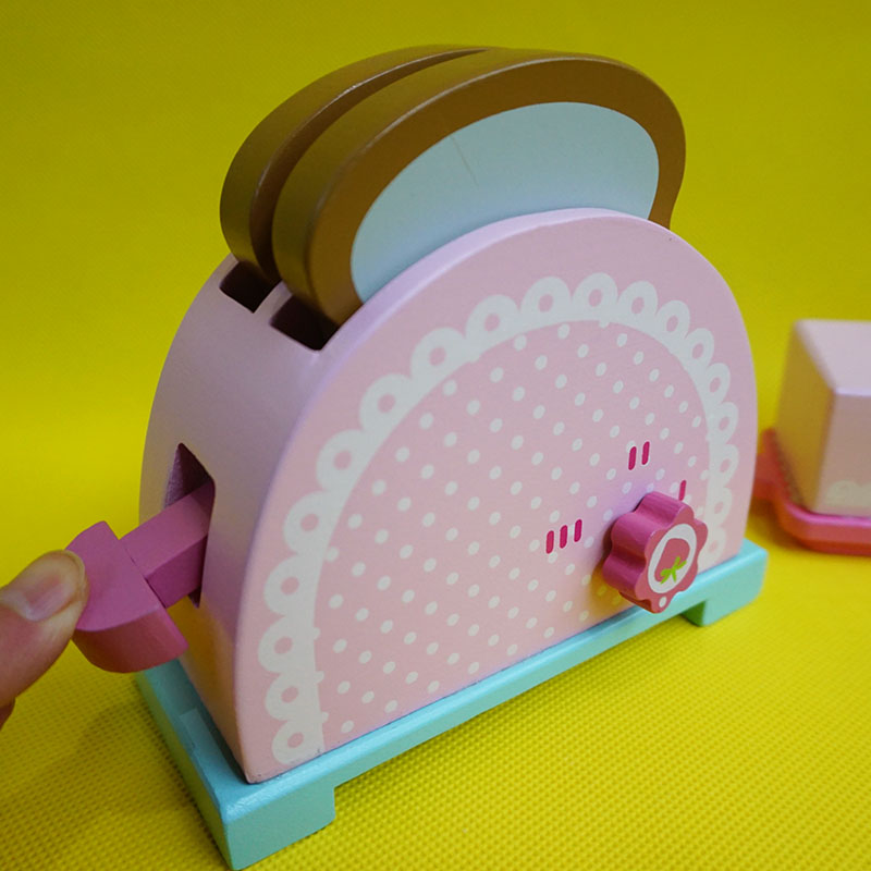 外贸粉色莓仿真烤面包机木制幼儿园过家家厨房玩具女孩