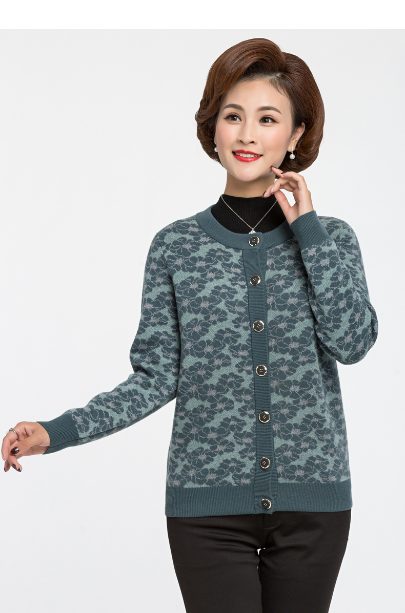 恒源祥女士针织/毛衣 恒源祥羊毛衫女开衫圆领中老年冬装提花厚款60岁