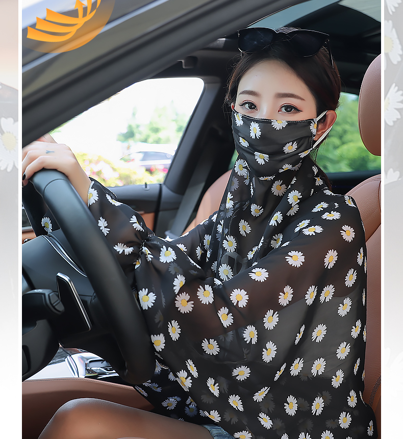 防晒披肩女夏季薄开车骑车长袖大码斗篷防紫外线披肩面纱两件套装口罩