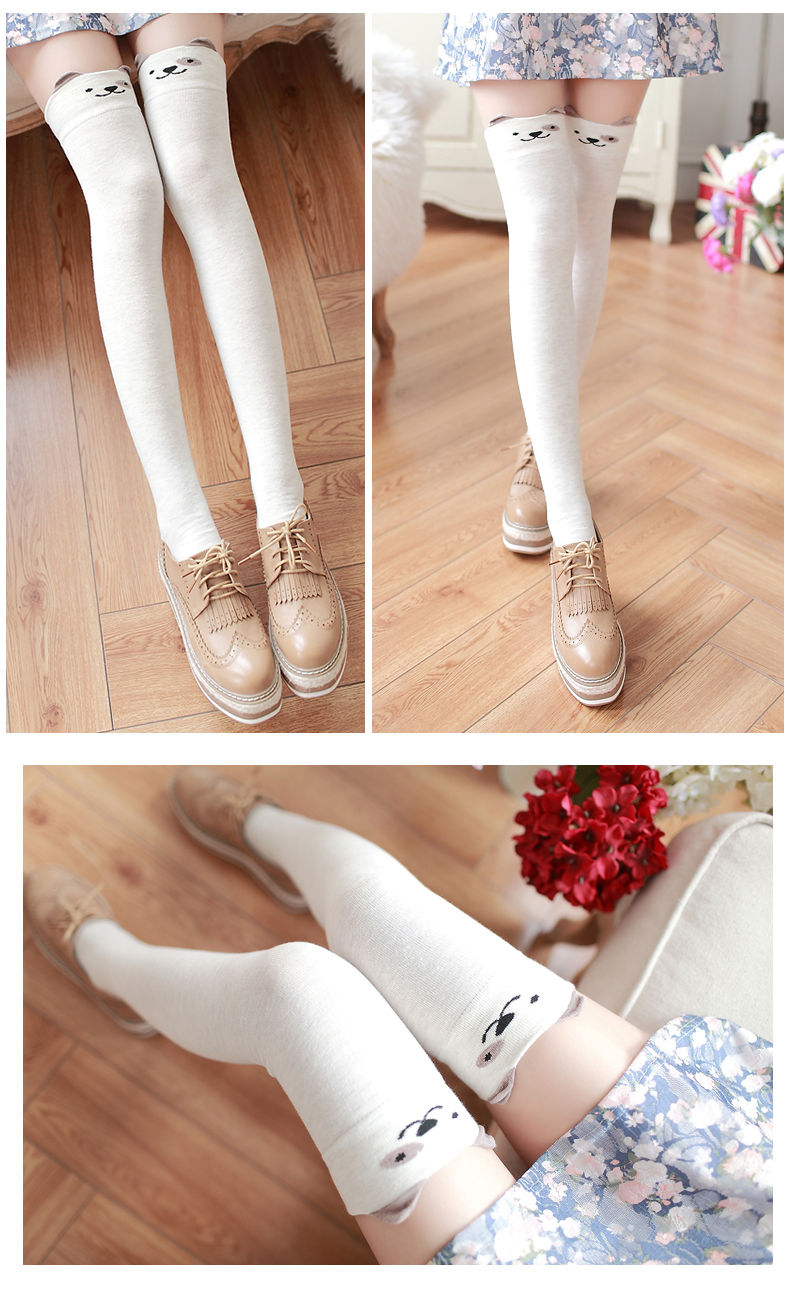 黑色猫咪春秋季卡通熊猫立体耳朵过膝袜可爱日系高筒袜子猫咪黑色长筒