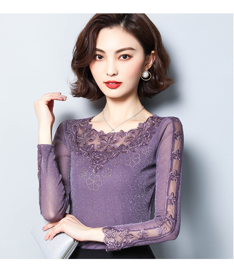 秋冬加绒打底衫女长袖2019新款低领蕾丝上衣修身显瘦加厚网纱t恤 黑色