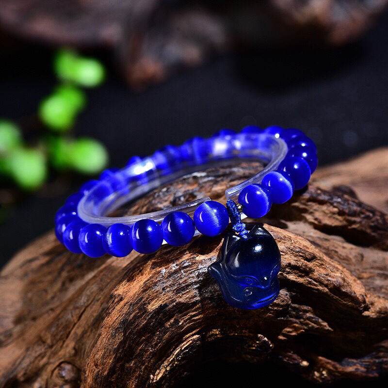 宝蓝色猫眼石小狐狸吊坠手链舒缓情绪辟邪防小人手串12毫米珠不加狐狸