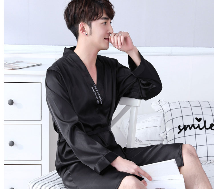 睡袍男夏季冰丝短袖薄款性感丝绸浴袍浴衣男士夏天丝质睡衣家居服