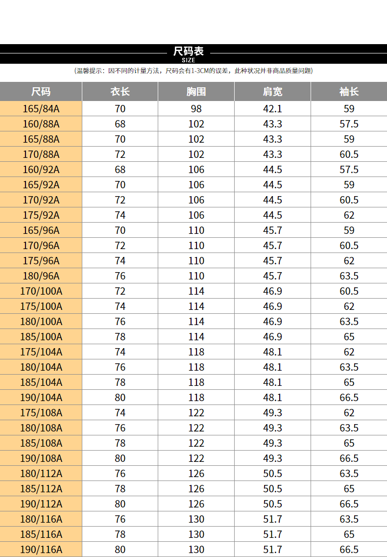 西服175尺码对照表图片